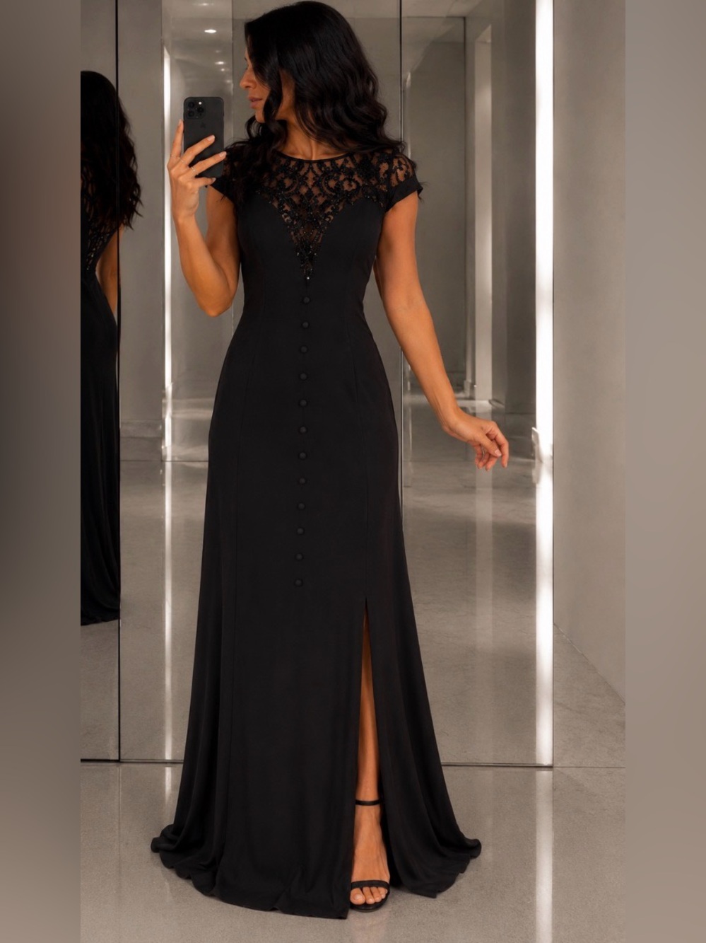 ADRIANNA PAPELL Black Gown with Lace Yoke Sequins
